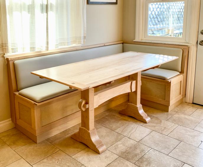 kitchen table, maple table, solid wood table, curly maple, Breakfast nook, custom kitchen, bench, bench with storage, L-shaped bench 